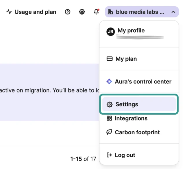 Brevo account menu open in the top-right corner with the Settings option highlighted