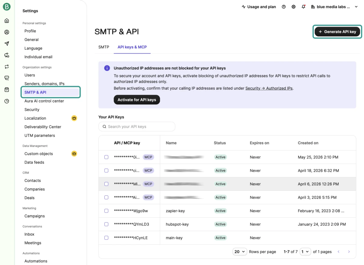 Brevo SMTP and API settings page showing the API keys and MCP tab with the Generate API key button highlighted