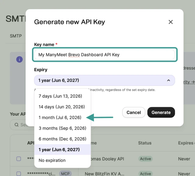 Brevo Generate new API Key dialog with a descriptive key name entered and the expiry dropdown open