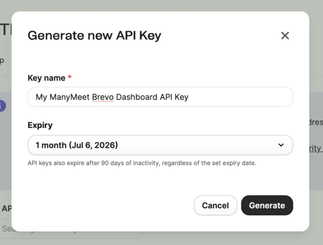 Brevo Generate new API Key dialog with a one month expiry selected and the Generate button ready to click