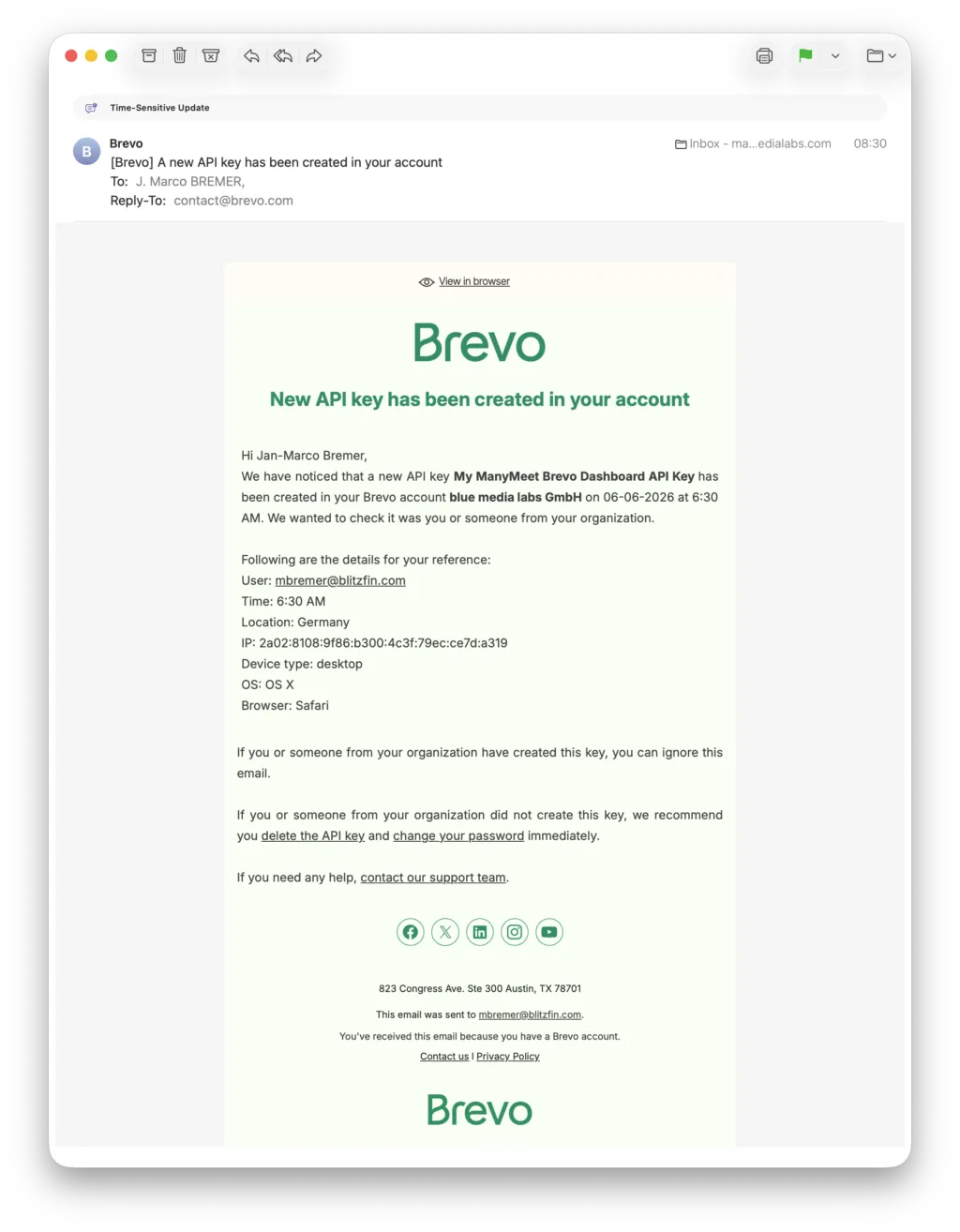 Email from Brevo confirming that a new API key has been created in the account