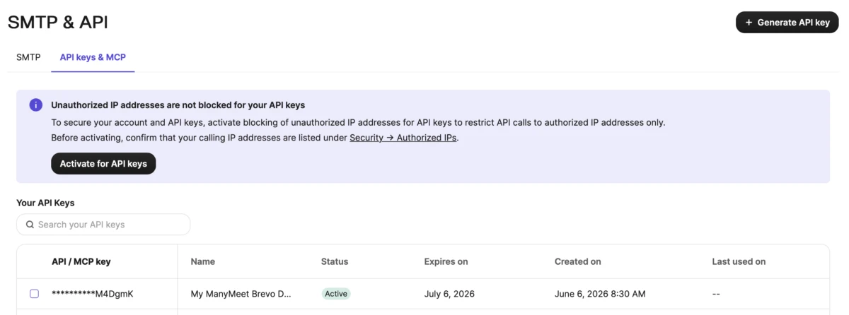 Brevo API keys list showing the newly created ManyMeet Brevo Dashboard API key with its status and expiry