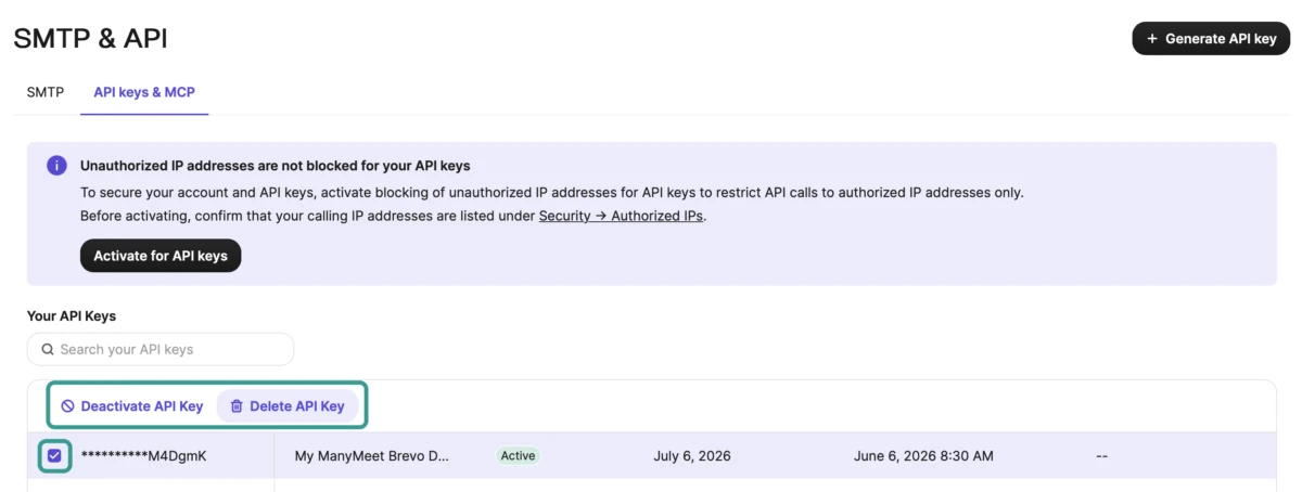 Brevo API keys list with a key selected and the Deactivate and Delete API Key buttons highlighted