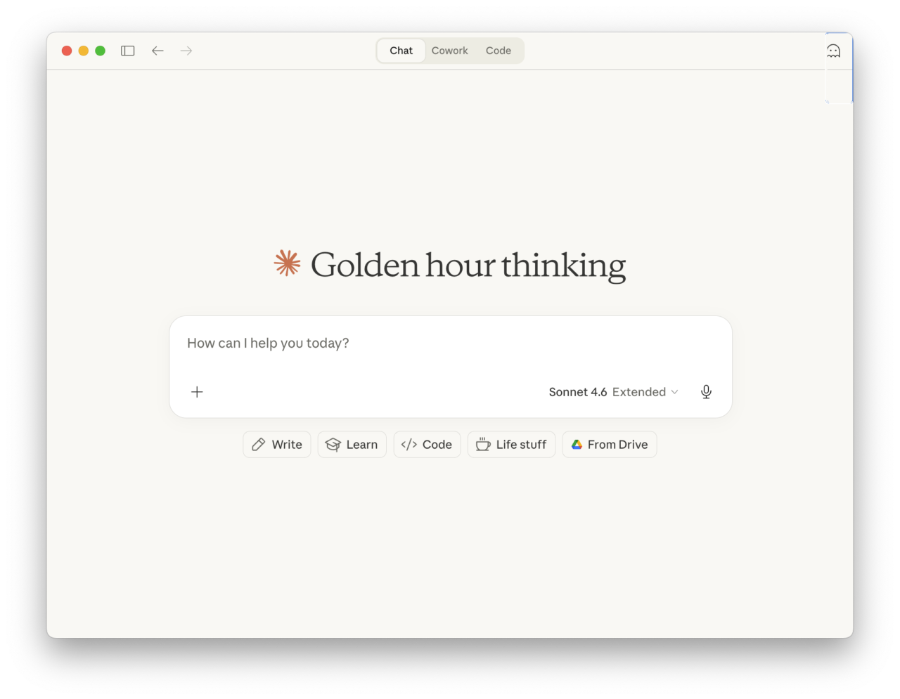 Claude Desktop start screen with the + button in the message composer