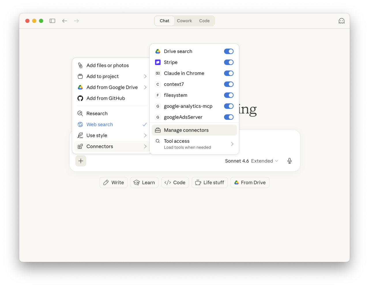 Claude Desktop connectors menu showing Manage connectors option