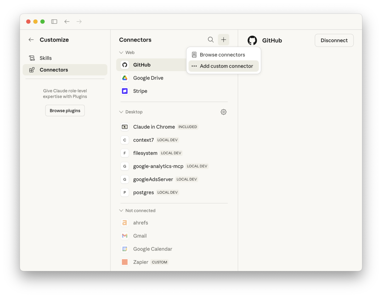 Claude Desktop Connectors panel with Add custom connector option