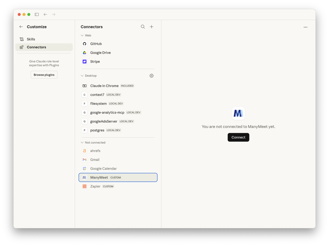 Claude Desktop showing ManyMeet connector ready to connect