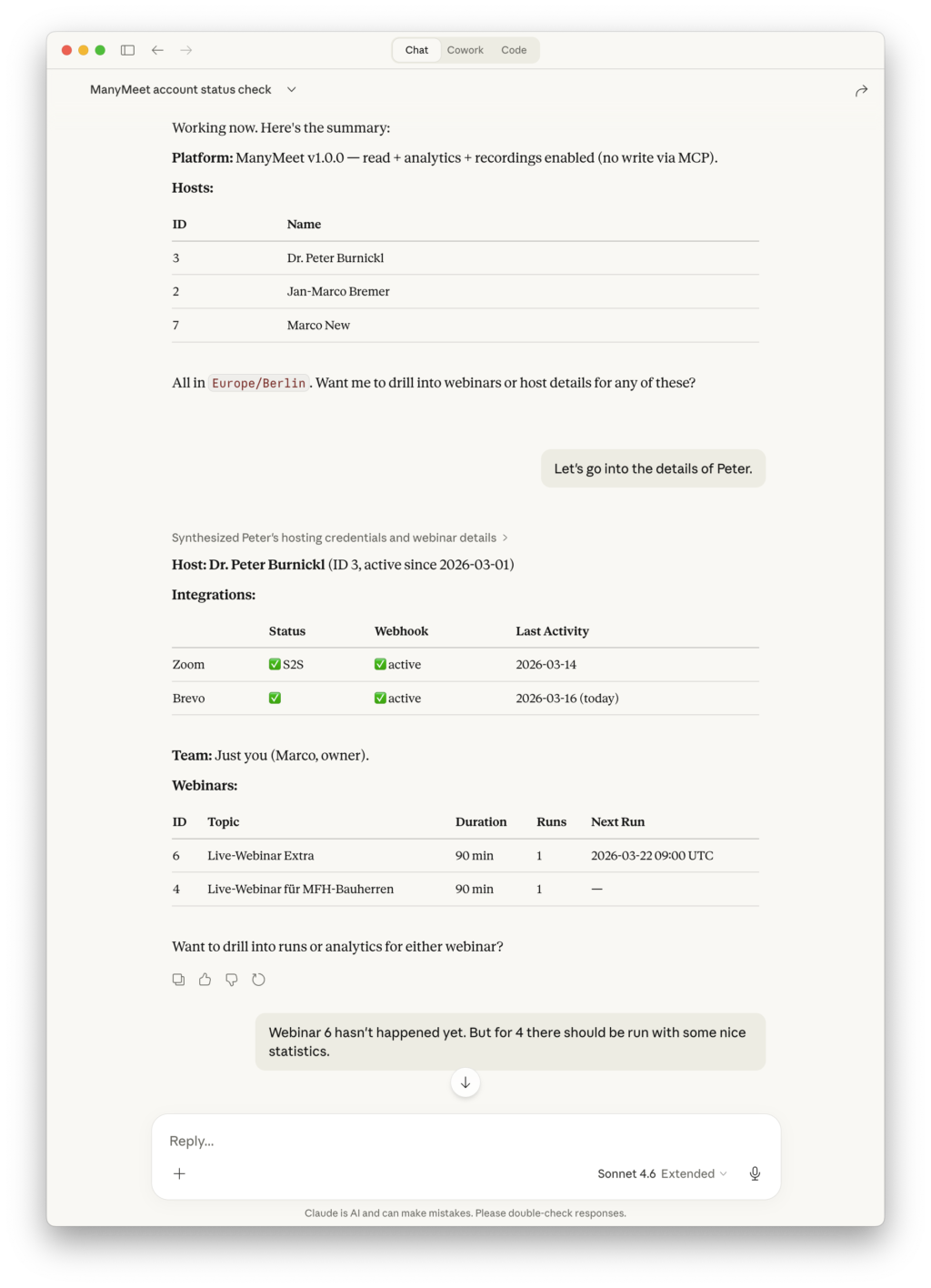 Claude Desktop showing ManyMeet host details with integration status, team, and webinar list