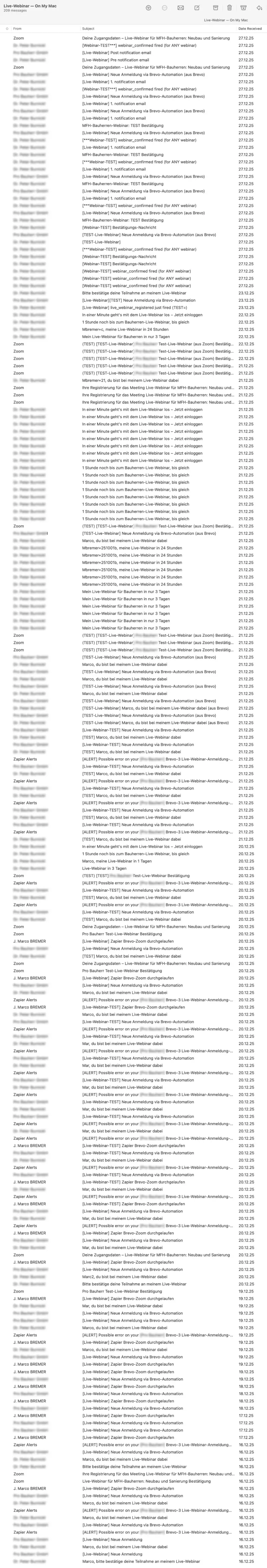 Email history in Brevo from the early days of trying to wire Zoom and Brevo together